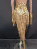 Sparkly Rhinestone Golden Sequins Tassel Sexy Transparent Dress Women Evening Birthday Party Nightclub Dance Singer Stage Outfit