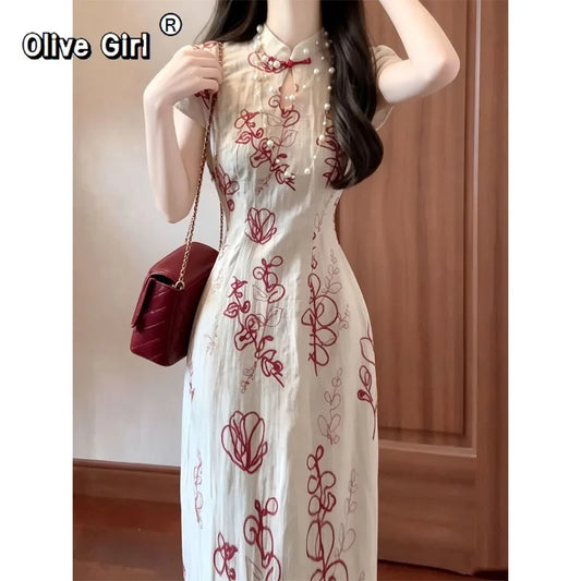 Olive Girl Red Embroidered Qipao for Garden Wedding 2026 Fairycore Photoshoot Everyday Wear S-XXL XS-3XL Plus Size Hand Embroidered Romantic Garden Party Editorial Not Costume Qipao Cheongsam Chinese Dress Chinese Heritage Fashion Women