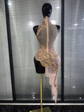 Shining Rhinestones Women Sexy Off the Shoulder Mesh See Through Bodycon Mid-calf Dress Nightclub Party Celebrate Stage Wear