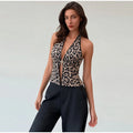 Women's Leopard Sequin Halter Cami Top Fashion V-neck Sleeveless Backless Slim Tank Blouse Lady 2026 Summer Sexy Y2k Streetwear