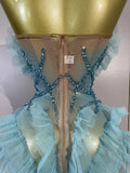 Shiny Rhinestone Birthday Bar Nightclub Stage Costume Sexy Strapless Sky Blue Mesh Ruffled See Through Evening Party Mini Dress