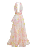 Halter Deep V Maxi Dress for Women Tie back Backless Asymmetrical Ruffle Floral Print Ruched Waist Split for Beach Vacation