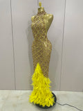 Luxury Sparkly Red Rhinestones Feather Sexy Mesh See Through Long Dress Women Birthday Evening Nightclub DJ Dancer Stage Costume