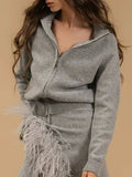 Casual Feather Knit Women Two Piece Set Lapel Collar Long Sleeve Top Short Skirt for Dating Daily Wear Fashion New