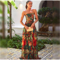 Lady Printed Strapless Dress Elegant Fashionable Colorful Waist Pleated Long Gowns Women Summer New Vacation Party Robes 2025