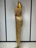 Women Sparkly Glod Rhinestones Sequined Fringe Jumpsuit Sexy Nightclub Party Birthday Outfit Show Singer Stage Perform Costume