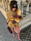 Camel Plaid Wool Blend Blazer Women Belted Waist Faux Fur Collar Vintage Shoulder Pads Coats Elegant Winter Outerwear Jackets