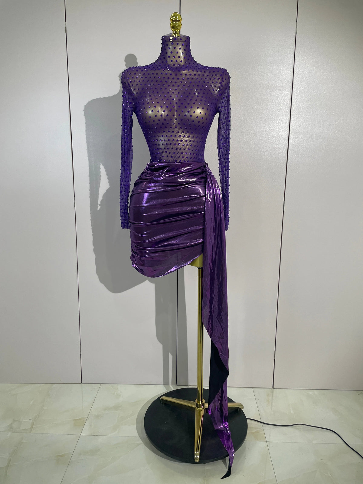 Sexy Mesh See Through Purple Long Sleeves Mini Dress Luxury Sparkly Diamond Birthday Evening Party Nightclub Team Stage Costume