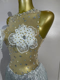 Women Sexy Mesh See Through Performance Leotard Dance Singer Show Stage Wear Luxury Sparkly Rhinestone Flower Tassels Bodysuit