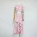 Elegant Pink Two Piece Set for Women Lace Trim Tube Top Asymmetrical Tiered Ruffles Midi Skirt Outfits for Beach Getaways