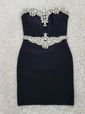 Ladies Luxury Diamond Strapless Tight Backless Design Celebrity Party Club Black Sleeveless Sexy Mini Bandage Dress