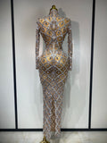 Women Sexy Luxury Birthday Dress Stage Shining Rhinestone Sequin Long Dress Evening Prom Gown Transparent Singer Club Host Dress