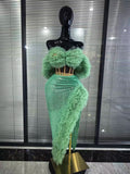 Mint White Color Women Mesh Ruffles Laced-up 2 Pieces Sequins Bodycon Long Dress Nightclub Bar Singer Party Performance Costumes