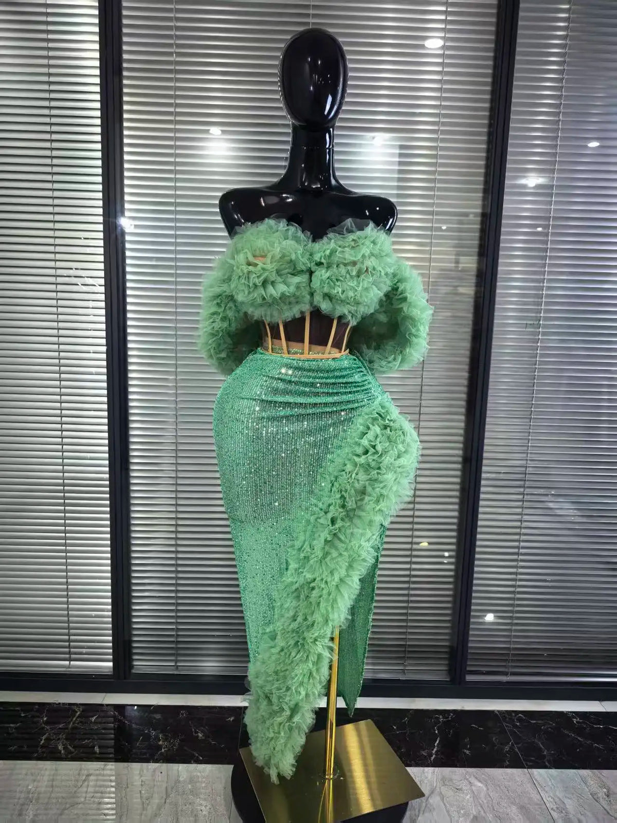 Mint White Color Women Mesh Ruffles Laced-up 2 Pieces Sequins Bodycon Long Dress Nightclub Bar Singer Party Performance Costumes