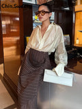 Fashion Women's See Through Blouse Long Skirt Set Lapel Deep V-neck Full Sleeve Lace Up Shirt Stripe Irregular Skirts 2026 Suit