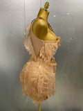 Sexy Shining Gold Crystal Transparent Wings Mini Dress 2025 Women Birthday Party Bar Nightclub Singer Stage Performance Costume
