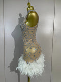 Luxury Nightclub Performance Dance Costume Nightclub Singer Stage Wear Women Sexy Shiny Crystal Feathers Hollow Out Mini Dress