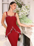 Solid Diamond Wave Cutting Design Sling Dress Sexy Sleeveless Waist Cinching Slim Women Dresses Evening Party Gown