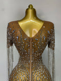 Luxury Sparkly Rhinestones Tassel Transparent Mesh Stretch Long Dress Women Evening Celebrate Birthday Dress Sexy Stage Costumes