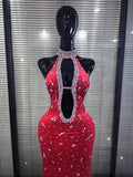 Red Black Women Sexy Halter Off the Shoulder Sparkly Crystal Velvet Bodycon Gowns Dress Celebrate Evening Party Red Carpet Wear