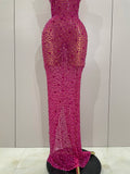 Luxury Sparkly Crystal Diamond Mesh See Through Maxi Long Dress Women Elegant Party Costume Singer Sexy Stage Performance Outfit