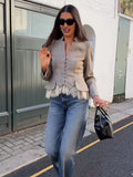 Fashion Lace Hem Peplum Suit Jacket Women V-neck Stand Collar Single Breasted Slim Fit Coat 2026 Vintage Office Casual Outerwear