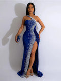 Women's Sexy One Shoulder Elegant Rhinestone Birthday Maxi Split Dress Sparkly Hot Drilling Bodycon Party Night Clubwear
