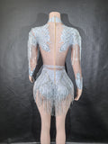 Sexy Skinny Leotard Singer Dancer Show StageWear Sparkly Blue Rhinestones Women DanceCostume Fringes One Shoulder Bodysuit  7G