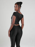 Sexy Irregular Knot 2-Piece Set Women Diognal Collar Crop Top+Capri Pants Stylish Solid Hottie Street Slim Outfits