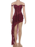 Irregular Tierred Dress Women Mesh Patchwork Slash Neck Lace-Up Backless Midnight Banquet Party Elegant Long Bodycon