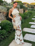 Sexy Hollow-out Crochet Dress Women Fashion Solid Sleeveless Backless Halter Maxi Dresses 2026 Summer Lady Vacation Lace Robe