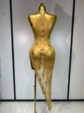 Sparkly Crystal Diamond Gold Sexy See-Through Sheath Dress Nightclub Performance Custome Stage Wear Birthday Evening Party Dress