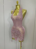 Sexy Sparkly Rhinestones Halter Backless Mesh Velour Short Dress Women Evening Prom Celebrate Birthday Party Stage Wear