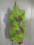 New Sexy Sparkly Diamonds Sequin Long Sleeves Mesh Transparent Mini Dress Eveing Party Nightclub Bar Stage Phootshoot Outfits