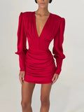 Sexy Women Deep V Puff Long Sleeve Satin Dress Solid Waist-cinching Design Ruched Slim Fit Dresses Elegant Party Lady Gowns 2026