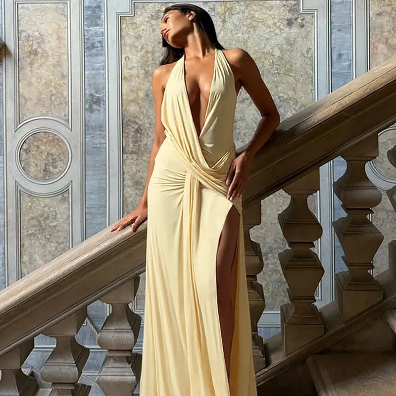 Elegant Backless Long Dress Sexy Women's Deep V Ruched Split Curvy Maxi Dresses Evening Party Beach Pool Summer Pink Yellow New