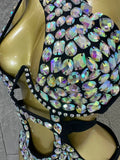 Gold Luxurious Black Bodysuit Women Sexy Halter Neck Iridescent Crystal Embellished Cutout Outfit Stage Performance Costume