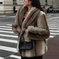 Fashion 90s Vintage Retro Brown Striped Faux Fur Coat Women Winter Chic Scraf Collar Overcoat Fox Fur Jacket