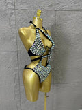 Gold Luxurious Black Bodysuit Women Sexy Halter Neck Iridescent Crystal Embellished Cutout Outfit Stage Performance Costume