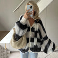 Fashion Striped Sweater Cardigan With Scarf Female Loose Thin Hollow Knitted Top Lantern Sleeve Contrast Color Retro Top