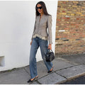 Spliced Lace Hem Jacket Elegant Long Sleeve V-neck Waisted Contrast Lace Bottom Design Casual Coat Autumn Fashion Retro Jackets
