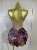 Sparkly Diamonds Leaf Sexy Mesh See Through Strapless Bodycon Dress Luxury Birthday Evening Party Outfit Nightclub Stage Costume