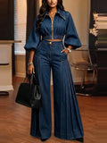 Women Suit Two Piece Denim Outfit Cropped Top Pleated Wide Leg Pants Puff Sleeve Vintage Streetwear Autumn