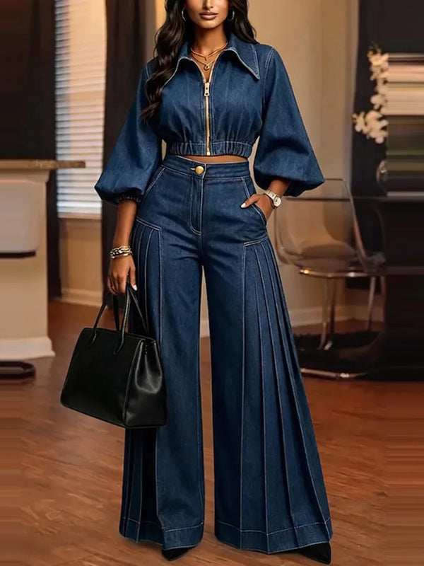 Women Suit Two Piece Denim Outfit Cropped Top Pleated Wide Leg Pants Puff Sleeve Vintage Streetwear Autumn