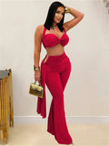 Ruched 2 Piece Set Women Sexy Halter Backless Bra+Metal Casp Ribbon Flared Pants Matching Party Club Stretch Outfits