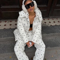 Women Floral Print Hooded Puffer Snow Suit Two Piece Outfit Thick Warm Winter Windproof Ski Jacket Wide Leg Pants Set Outdoor