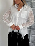 Office Spliced Back Sheer Hollow Blouse for Women Lapel Long Sleeve Patchwork Single Breasted Shirt Female 2026 New