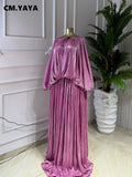 Women Shiny Fuchsia Drawstring Neck Batwing Sleeve Maxi Pleated Dress Fall Street Party Sweet Beach Elegant Long Dresses