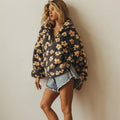 Fashion Floral Faux Lambswool Sweatshirt Women's Casual Zipper Pocket Loose Pullover Sweatshirt Autumn Festive Clothing