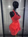 Red Color Women Sexy Halter Backless Shining Crystal Bodycon Mini Bandage Dress Celebrate Evening Party Christmas Clothing